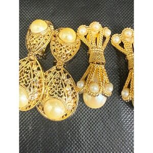 Vintage Napier Popoli Clip On Earrings Set Gold Tone Faux Pearl Filigree Tassel